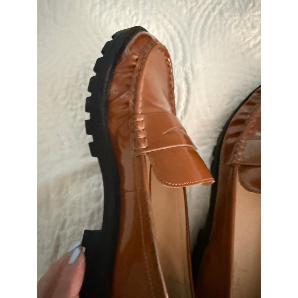 Loft Penny Loafers Womens 9.5 Cognac Brown Faux Leather Chunky Lug Sole Slip On - Picture 8 of 9